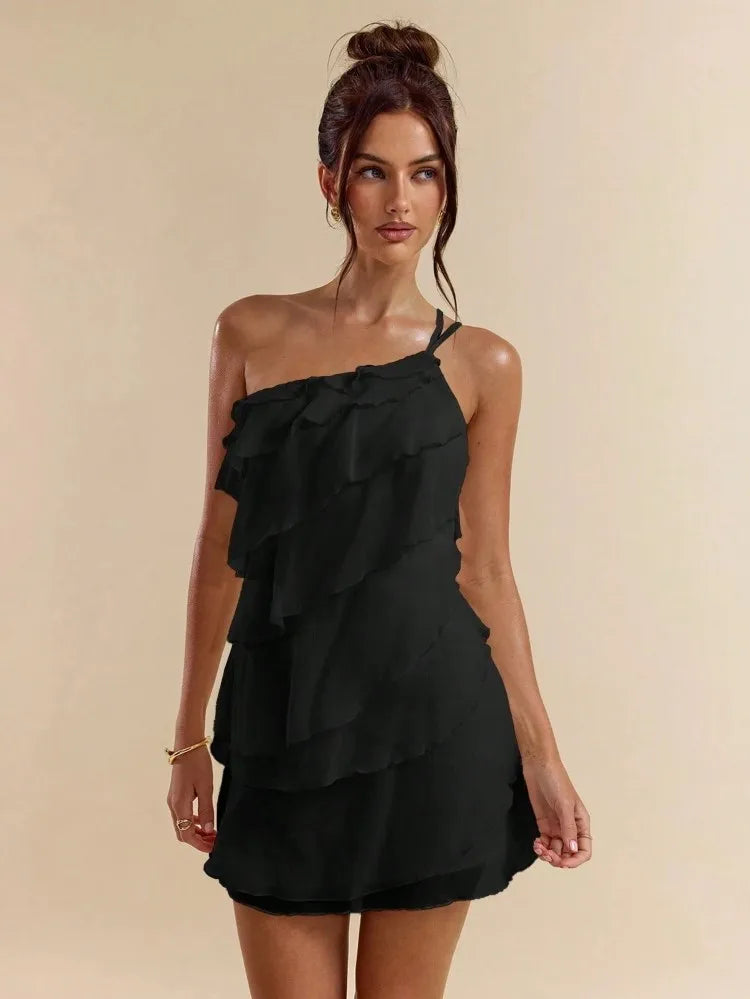 Vestido Fiorella | Curto assimétrico com babados e costas nuas | Gata Raposa